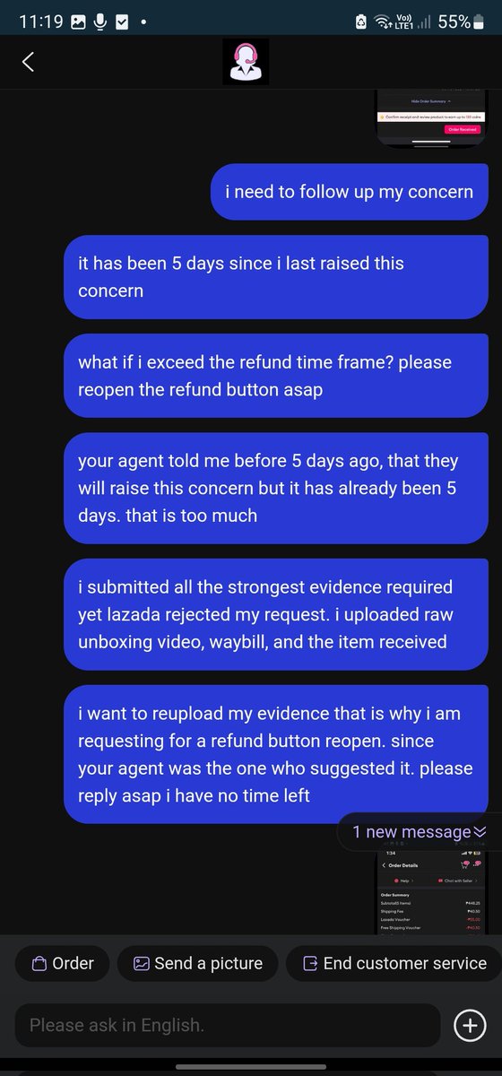 mariashariena's tweet photo. i asked for a follow up again, just an hour ago. the agent made me wait for almost an hour just to gain nothing. please see the photos. they told me that they were unable to reopen the refund button! how inconsistent! they made me wait for nothing! https://t.co/SOTFga74SP
