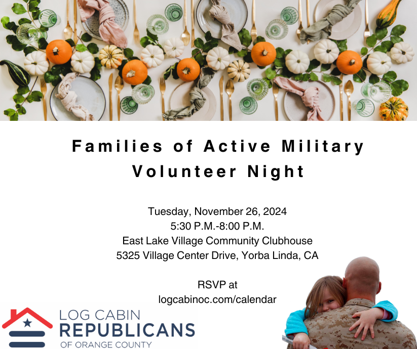 LogCabinOC's tweet photo. You are needed.  Our organization has a long tradition of volunteerism and community work.  Join us at a special event to honor the troops.  Please share the event information with friends.  https://t.co/797g5p27ye 
.
.
.
#LCROC #OC #SoCal #Events #ActiveCitizenship 

CC: @OCGOP https://t.co/2ktvL6Kh0P