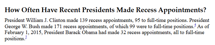 #RecessAppointments  are common

Clinton - 139
Bush - 171
Obama - 32

There are NO statutory Constraints on the President’s Recess Appointment Power

But expect the mainstream media try and make people believe its not the norm!