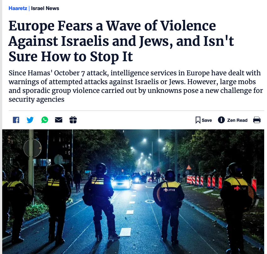 Jonathan_K_Cook's tweet photo. A wild idea, I know, but might banning genocide-cheering Israeli football fans from European competitions be a good start?

Or might stopping the genocide of children in Gaza have an effect?

Too radical? Back to the drawing board then. https://t.co/uSTe8jCL9h