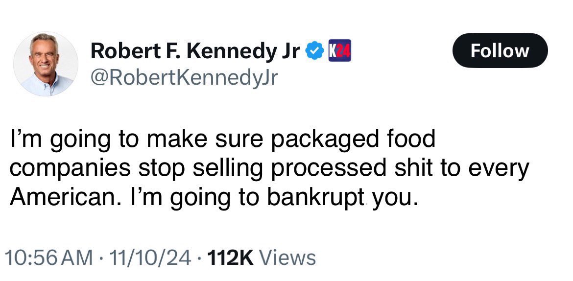 Hey <a href="/RobertKennedyJr/">Robert F. Kennedy Jr</a> I have a super easy idea. You know all those companies that sell Americans processed poison, but sell the same name food like Frosted Flakes or Reese’s peanut butter cups to the EU with ZERO GMO, additives, food dyes or chemicals.
All we have to ask is that