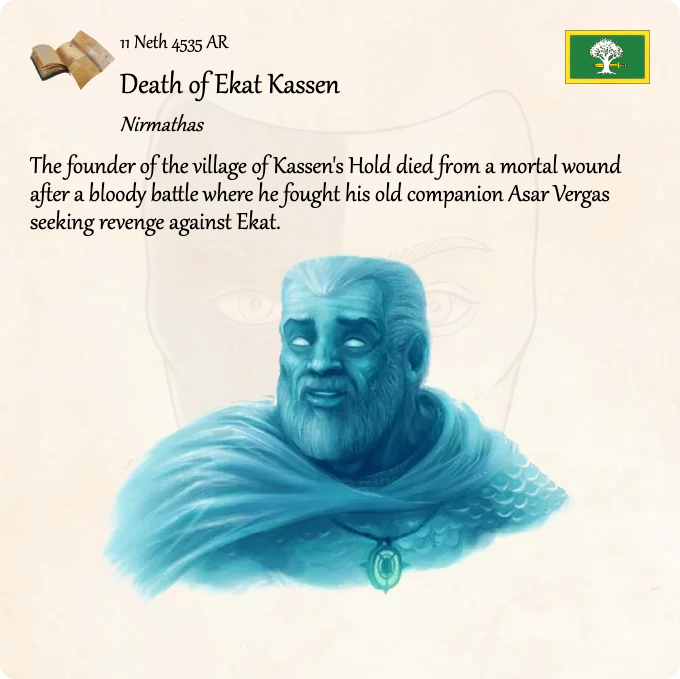 GolarionToday's tweet photo. 11 Neth 4535 AR: Death of Ekat Kassen
#Kassen #EkatKassen #AsarVergas #4535AR
https://t.co/S5dk6ShhCb
The founder of the village of Kassen's Hold died from a mortal wound after a bloody battle where he fought his old companion Asar Vergas seeking revenge against Ekat. https://t.co/szkEyMAkSN