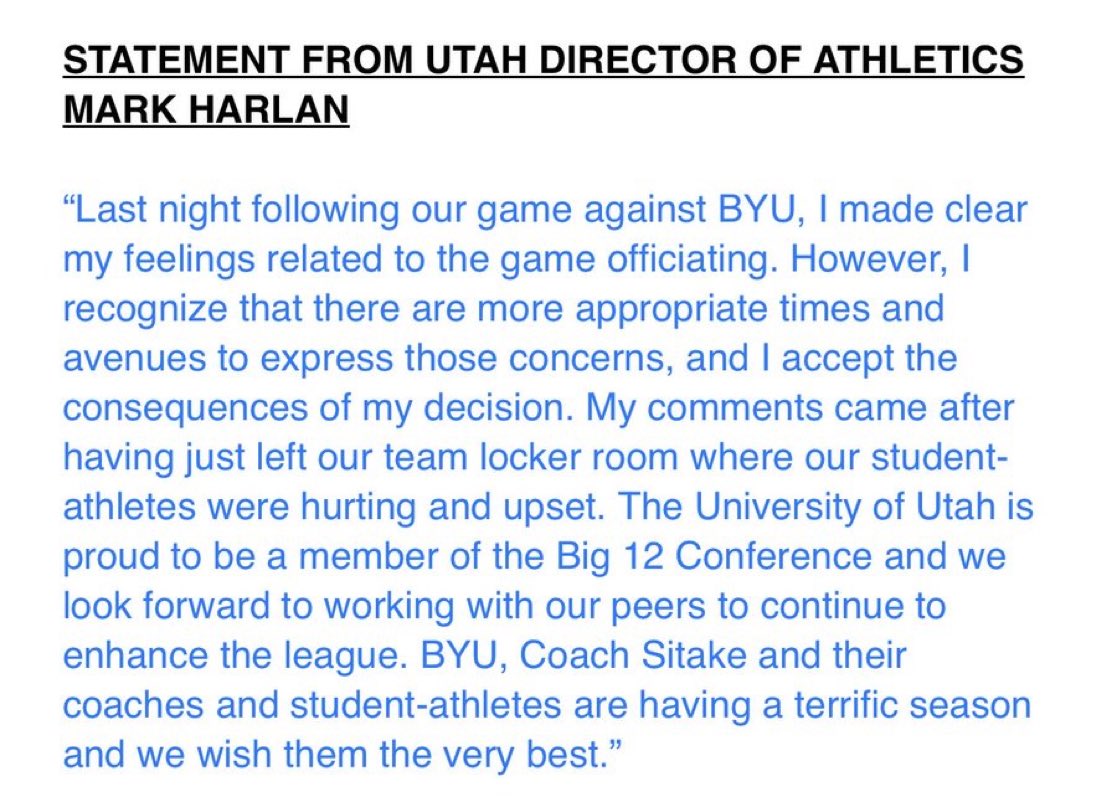 BarstoolBig12's tweet photo. Utah’s Athletic Director has released a statement 🍿🍿 https://t.co/uY2IkbietJ