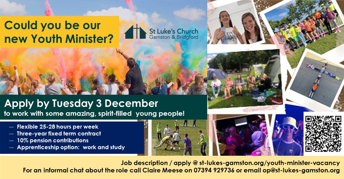 Are you passionate &amp; faith-filled with a heart for young people? This role offers the chance to make a  difference by heading up exciting new initiatives through our community café &amp; Connect Gamston &amp; gain a Degree  in Youth Work at no cost.
Info' here:   st-lukes-gamston.org/youth-minister…