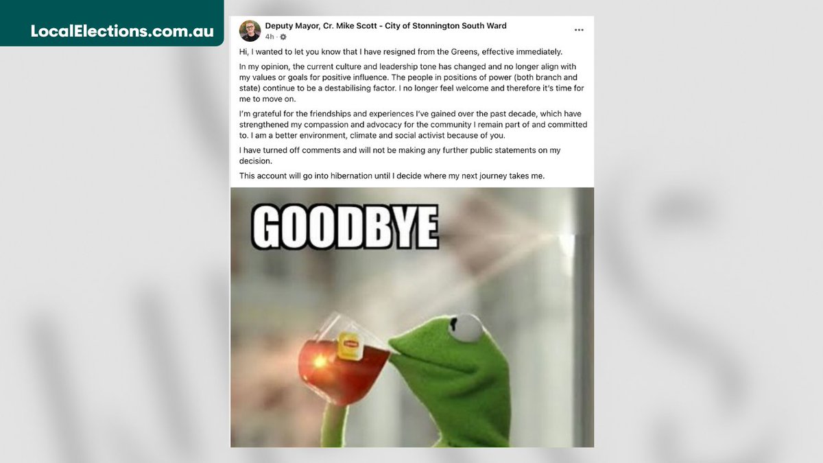 #BREAKING: Stonnington Greens councillor Mike Scott has QUIT the party after losing his seat

"The current culture and leadership tone has changed...the people in positions of power continue to be a destabilising factor"

MORE VIA @LOCALELECTIONAU: localelections.com.au/post/live-upda…