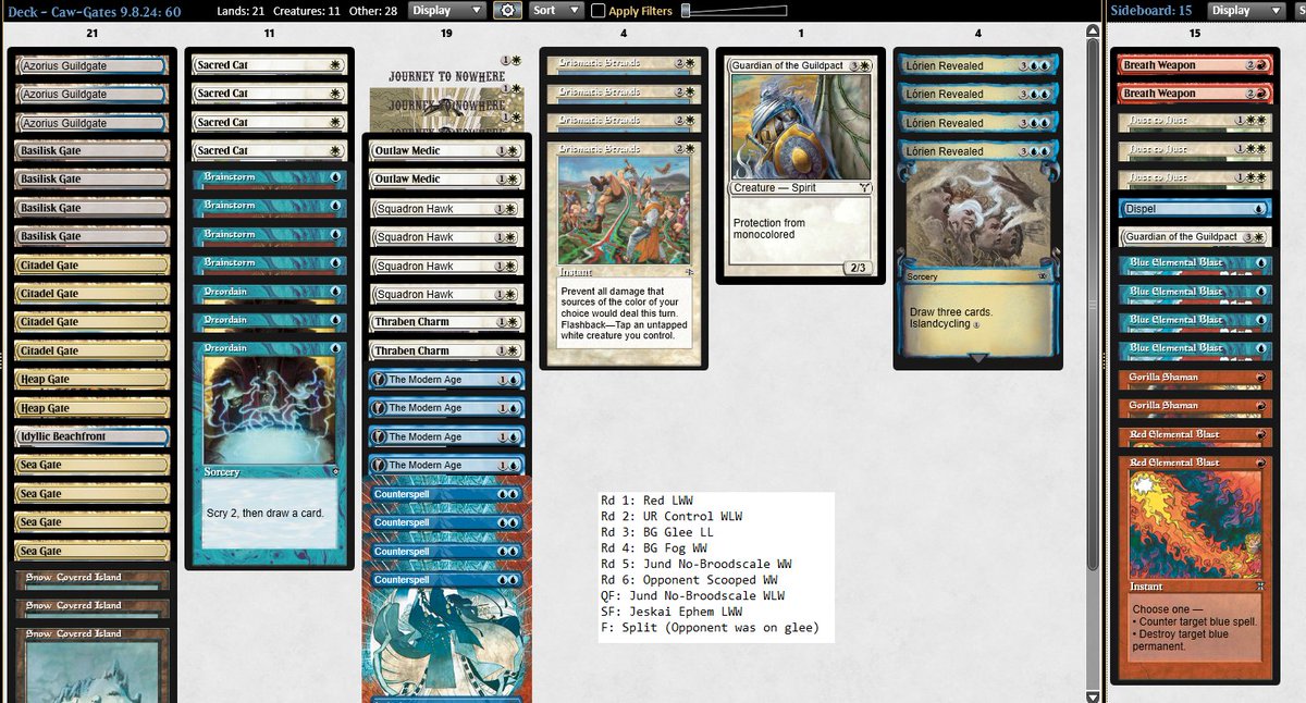Split the finals of the Sunday pauper challenge vs glee. I don't like to split but that matchup is heinous. 
Do not copy this deck, it's not good. 
Thanks again to <a href="/seasonofmists_/">Lorenzo Aldegheri</a> for the scoop in the last swiss round, without which I wouldn't have top 8.