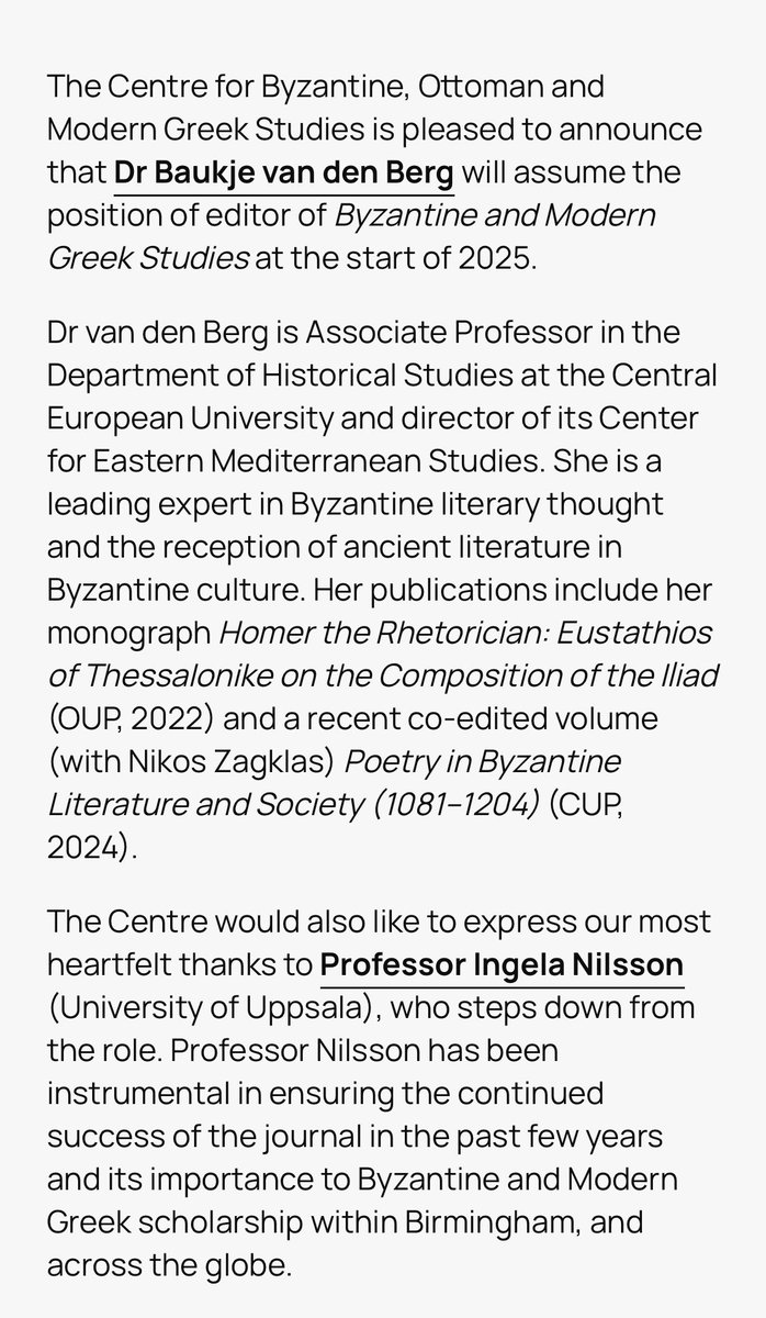 BMGSjournal's tweet image. 📣New editor for Byzantine Modern Greek Studies
Dr Baukje van den Berg will assume the position of editor of Byzantine and Modern Greek Studies at the start of 2025.
birmingham.ac.uk/news/2024/new-…
@CbomgsU @ceu_cems @SPBSUK