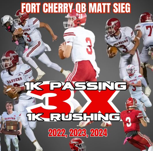 Congratulations to Jr QB Matt Sieg for becoming the first player in western Pennsylvania football history to pass and run for 1000 yards in 3 straight years!