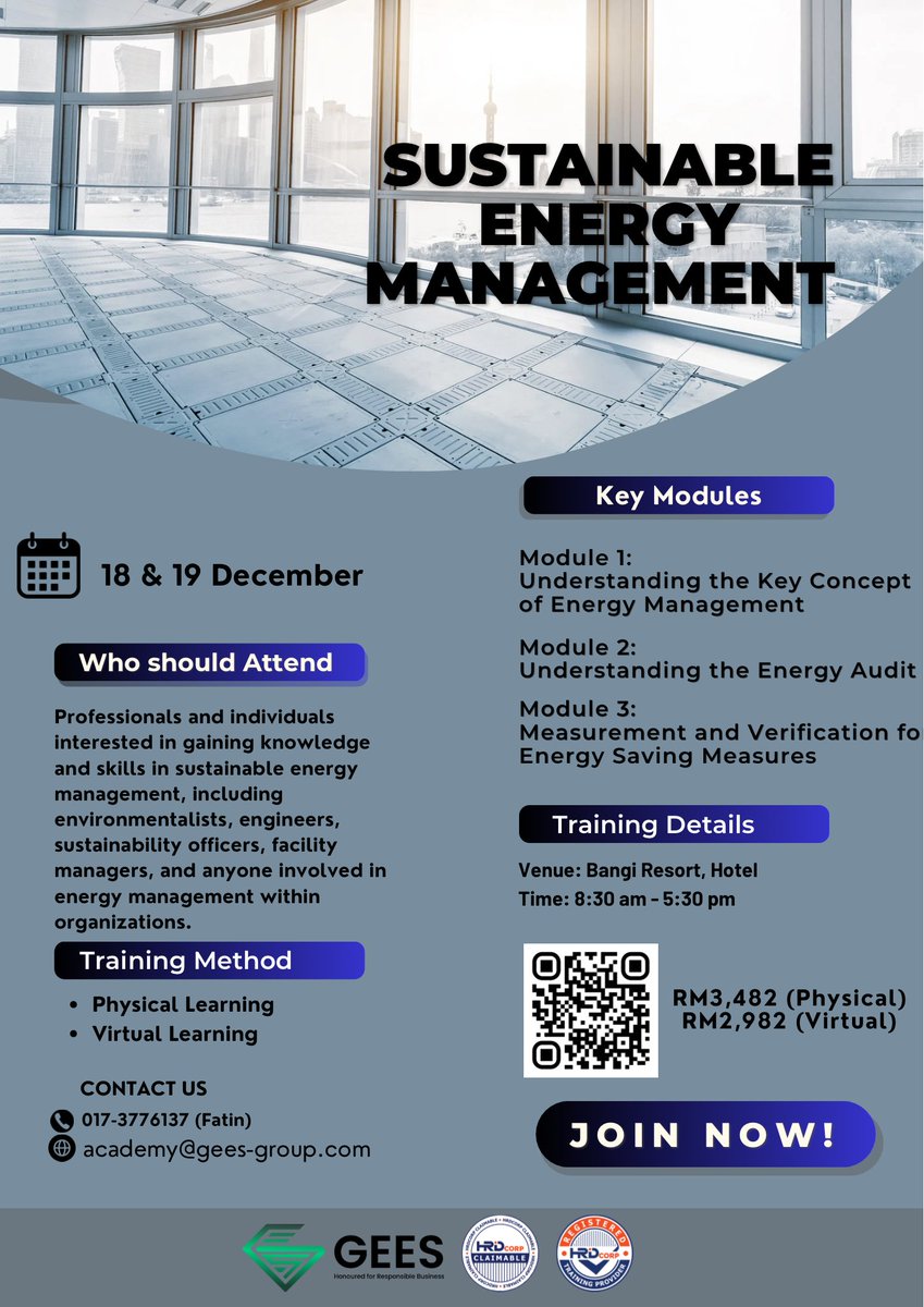 hsegroupMY's tweet photo. 🌍 Sustainable Energy Management Training Program 

📞 Contact for Registration:
+6017-3776137 (Fatin) / +6012-6530882 (Aishah)

🌐 Register here: https://t.co/URySbTru6J
Seats are limited. Reserve yours now! https://t.co/2VTciOOepW