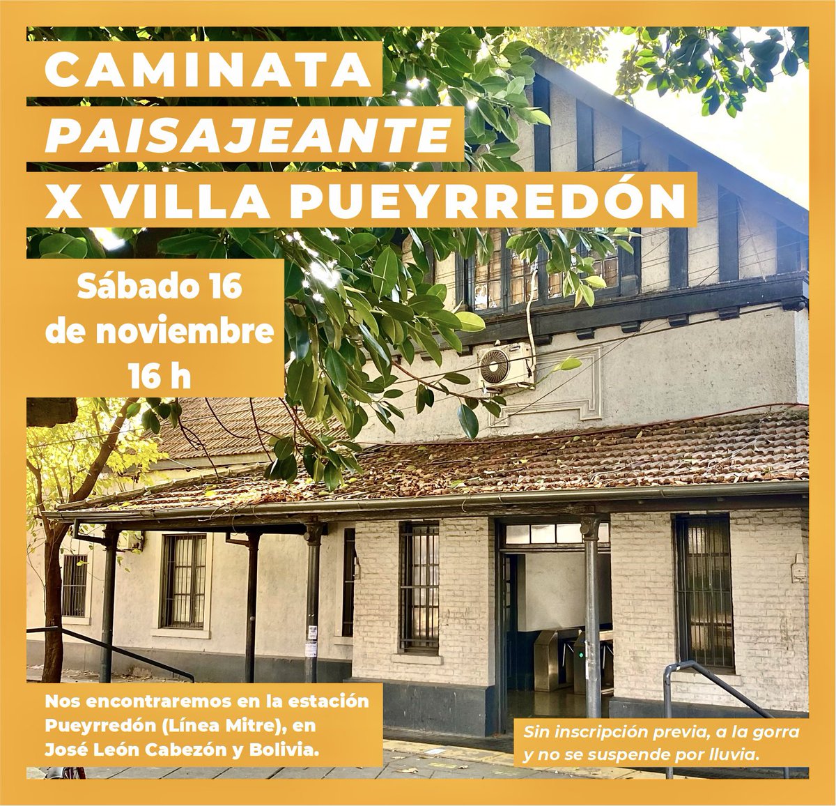 Sábado 16/11, a las 16 h, nos encontraremos en estación Pueyrredón, Bolivia y José Luis Cabezón, para caminar paisajeando por el barrio de Villa Pueyrredón.
Duración aproximada 2 hs, es única y no se repetirá. Sin inscripción previa, a la gorra y no se suspende por lluvia.