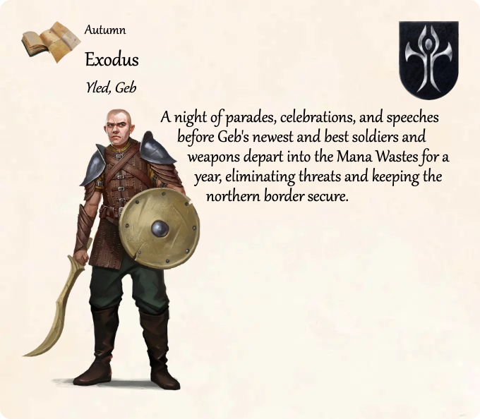 GolarionToday's tweet photo. Autumn: Exodus
#Yled #Geb #ManaWastes
https://t.co/vQlzEsCDzE
A night of parades, celebrations, and speeches before Geb's newest and best soldiers and weapons depart into the Mana Wastes for a year, eliminating threats and keeping the northern border secure. https://t.co/N34n9O7d7B