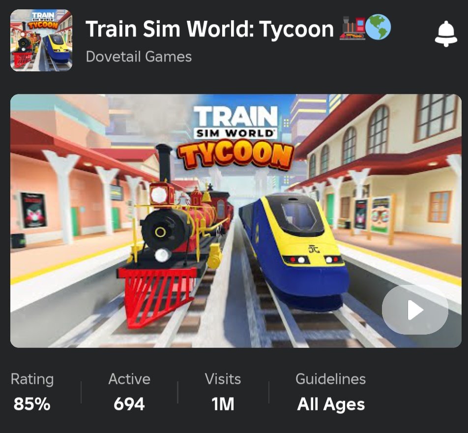 It's been 10 days since launch and Train Sim World: Tycoon just hit 1 million organic visits!! 🎉

600k+ plays over the weekend!

Really happy with the work the team put in and looking forward to the next update going live on Roblox.

roblox.com/games/18289734…
#RobloxDev