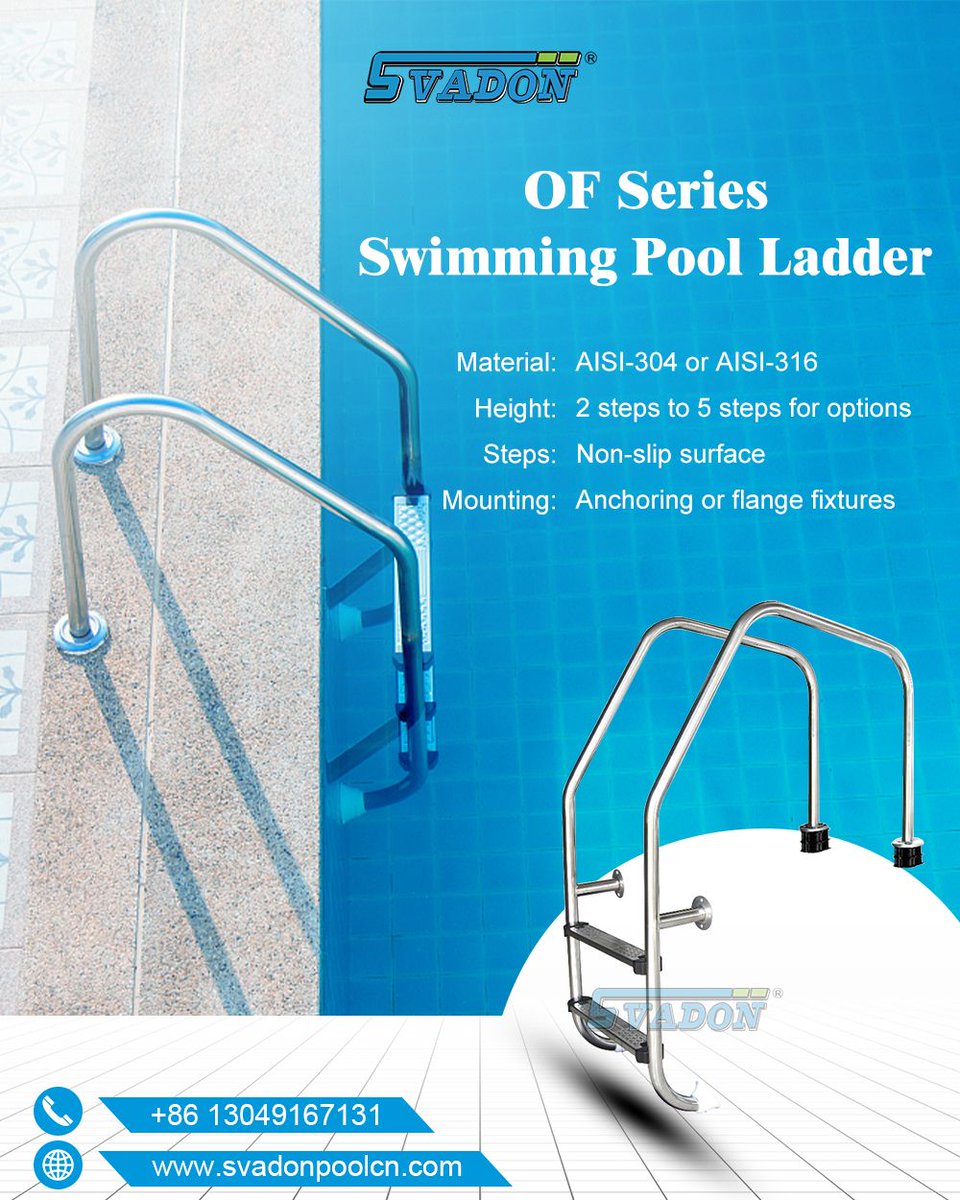 Svadonpool4709's tweet image. Svadon OF Series Pool Ladder

Material: AISI-304 or AISI-316
Height: 2 steps to 5 steps for options
Steps: Non-slip surface
Mounting: Anchoring or flange fixtures 

#swimmingpoolladder #stainlesssteelladder #piscinaladder #ss304ladderforpool #svadon