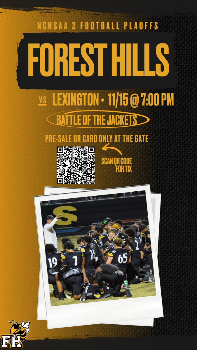 Battle of the Jackets 

1st Round of <a href="/NCHSAA/">NCHSAA</a> 2A Football Playoffs at <a href="/ForestHillsFBNC/">Forest Hills Football</a> vs <a href="/LSHSAthleticsNC/">Lexington Senior</a> Kick-Off is at 7pm on Friday 11/15/24

<a href="/AGHoulihan/">Andrew G. Houlihan</a> <a href="/UCPSNC/">Union County Public Schools</a> <a href="/UCPSNCAthletics/">UCPS NC Athletics</a>