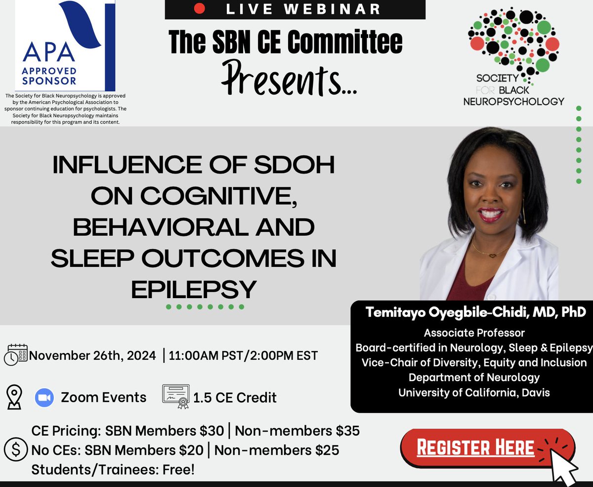🚨Save the Date!🚨Please join us for Dr. Temitayo Oyegbile-Chidi's CE Webinar: Influence of SDOH on Cognitive, Behavioral and Sleep Outcomes in Epilepsy on 11/26 at 2PM EDT/11AM PDT. 

Register Here: events.zoom.us/ev/AiDydYTD4d4…