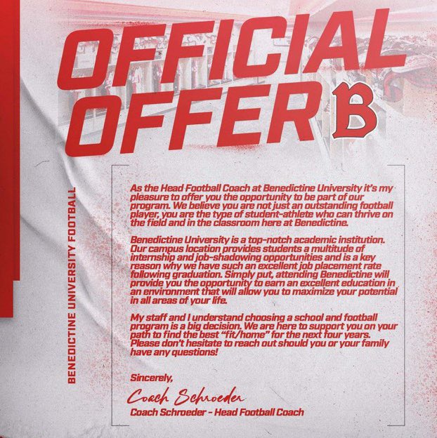After a great conversation with <a href="/CoachSchradesBU/">Coach Schroeder</a> I am blessed to say that I have received another offer to continue my athletic and academic career <a href="/BenUFootball/">Benedictine Football</a> Really looking forward to learning more about the program!

<a href="/RFVarsityFB/">Rock Falls Football</a> <a href="/DeepDishFB/">DEEP DISH FOOTBALL</a> <a href="/PrepRedzoneIL/">Prep Redzone Illinois</a> <a href="/RMLineman/">Recruit My Lineman</a>