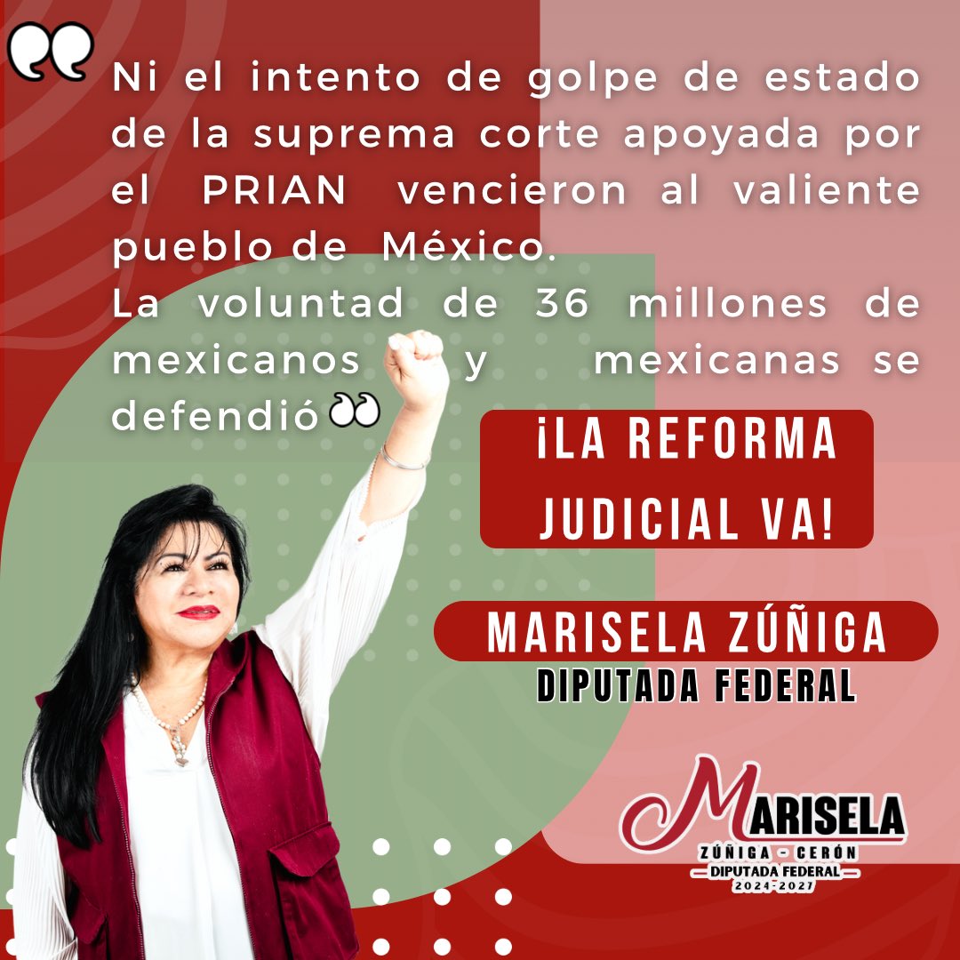 mariselazuiga1's tweet image. La victoria del pueblo de México respeta la voluntad de 36 millones de mexicanas y mexicanos. 👩🏻‍⚖️

#LegislandoConResponsabilidad
#TriunfoDelPueblo
#ReformaAlPoderJudicialVa