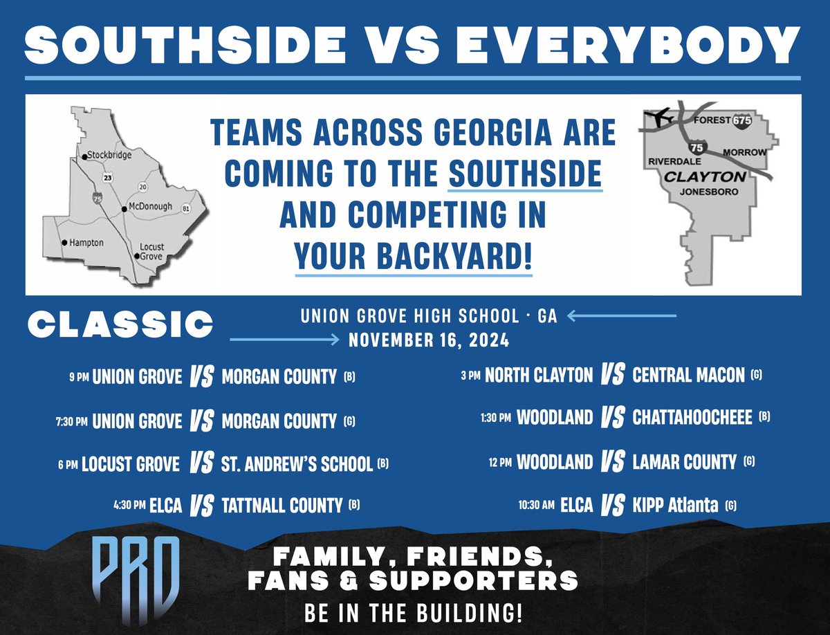🚨NEXT SATURDAY🚨

🏀Southside Showdown | Classic☑️

📍Union Grove HS

☑️Teams across the GEORGIA will be in your BACKYARD

Who Will Prevail❓

😤The Southside OR Everybody Else🥶

✍🏼Be there to help WRITE THIS STORY🔥

🗣️Family, Friends, Fans &amp; Supporters… BE IN THE BUILDING
