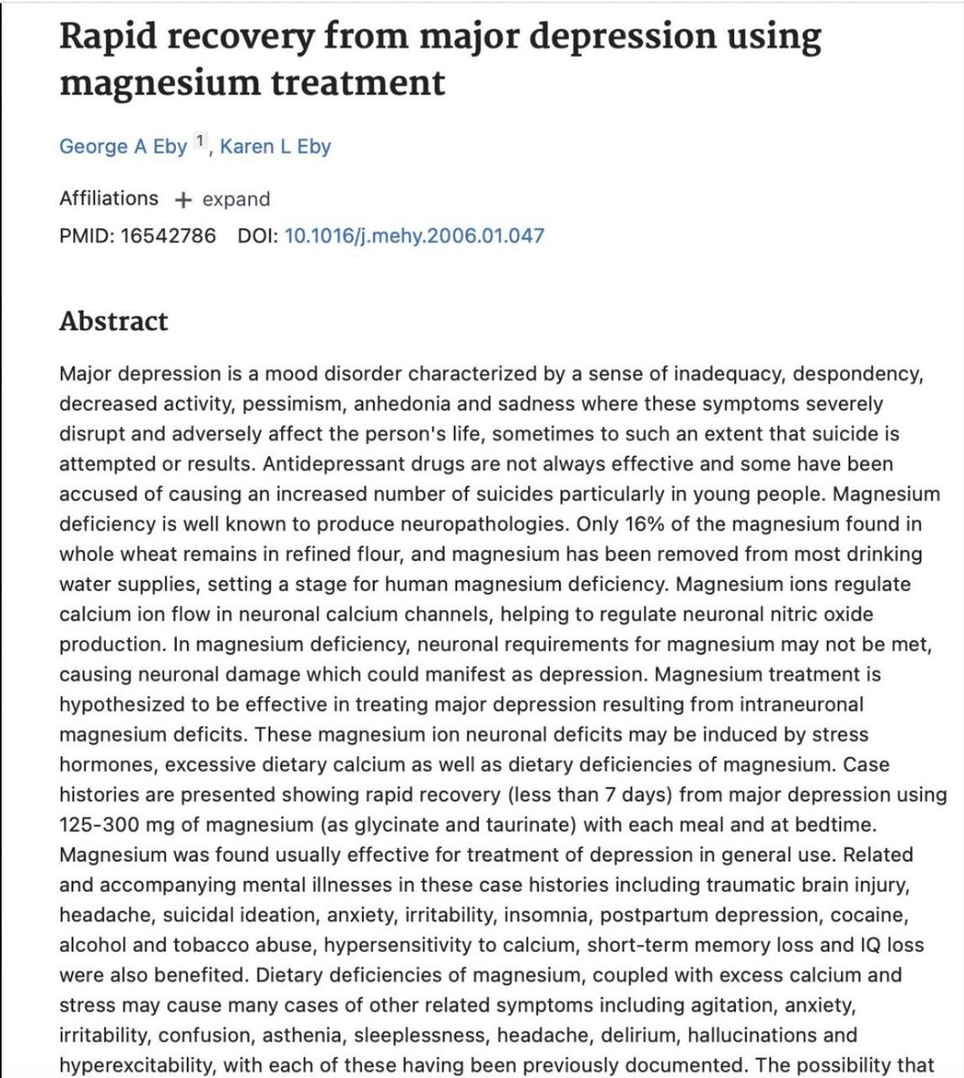 Why is nobody talking about how just 125 - 300mg of magnesium per meal reversed depression in just 7 DAYS?

Magnesium deficiency causes neuronal damage that can manifest as depression and over 50% of people are deficient.

Magnesium is incredibly cheap and has little to no side