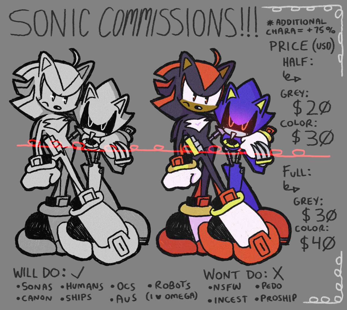 ok… i am opening like 3 commission slots i think. trying to ease back into taking commissions and i think focusing on my hyperfix is a good move . basically comms but it needs to be sonic related. i love rarepairs but throw anything you want my way… hmu… dm me… hello.