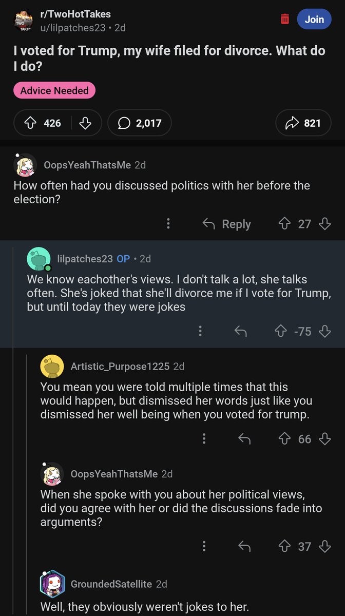 Mercgryph's tweet photo. @stefaesthesia @ClaudetteGGibs1 Except apparently they did, but according to OP she was only 'joking' all the times she said she would divorce him if he voted for Trump. https://t.co/YJiKbgFTZd