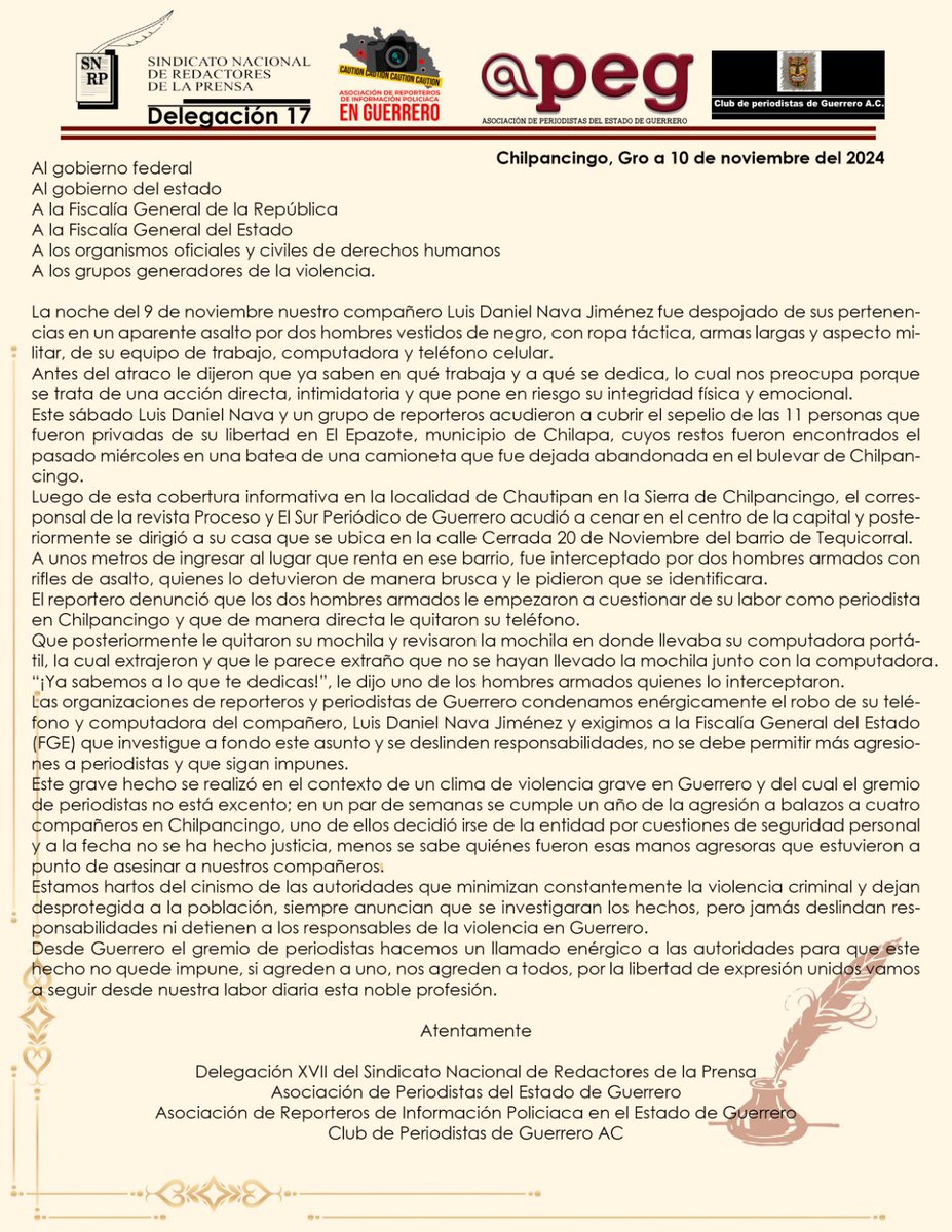 Condenamos el atraco en contra de nuestro miembro el fotoperiodista Luis Daniel Nava en el que fue despojado de su equipo de trabajo. 

Exigimos a las autoridades de Guerrero y nacionales se investigue el ataque por su labor como fotógrafo y garantías para la libertad de prensa.