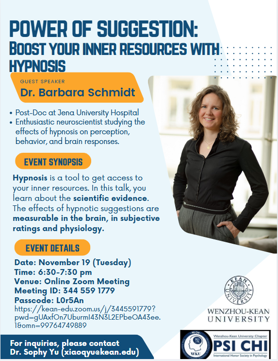 Thrilled to have Dr. Barbara Schmidt share with us the power of suggestion. Come learn about how to boost your inner resources with hypnosis on Nov 19th, 6:30 -7:30 pm (Beijing time)<a href="/NeuroBarbara/">PD Dr. Barbara Schmidt</a>