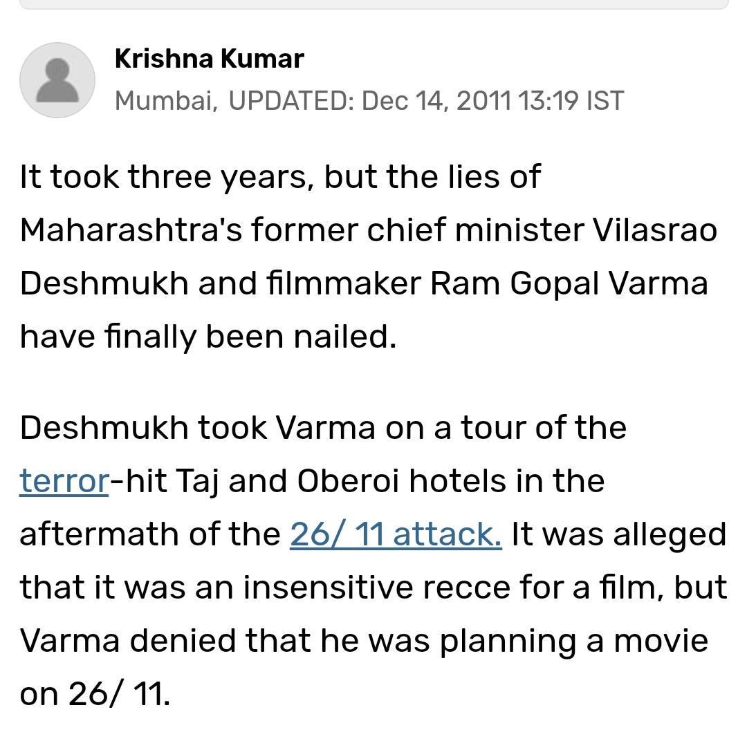 CandidShweta's tweet image. Star Actor!!! He is a vulture who accompanied Ram Gopal Varma to the 1998 terror site, The Taj Hotel Mumbai right after the last terrorist was eliminated to do the recce for their film. His father was CM of Mh and this vulture was misusing the position. May he rot in hell.