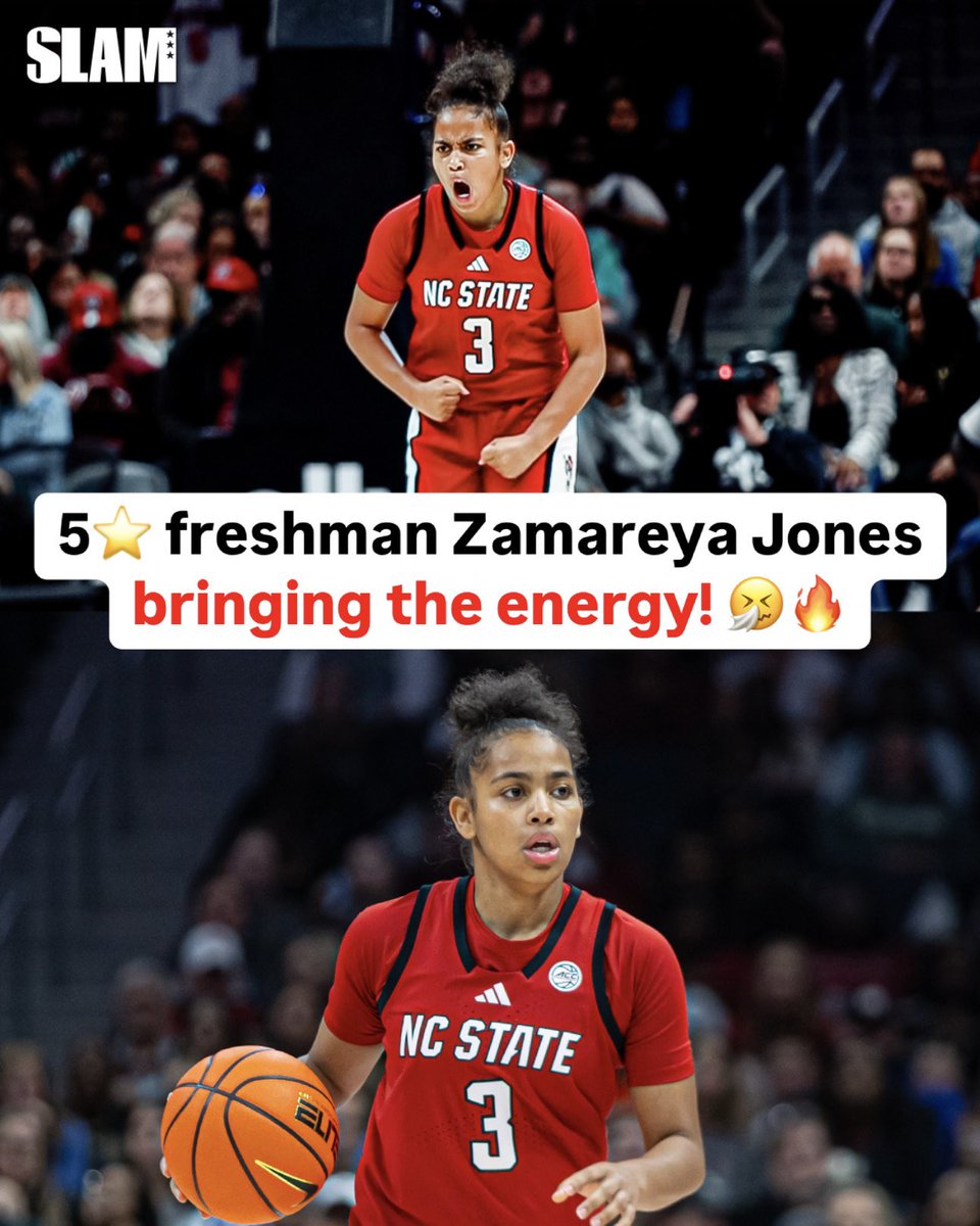 slam_university's tweet photo. NC State freshman &amp; Zamareya Jones showed out vs #1 South Carolina! 🚨😮‍💨

The NC native dropped 16 PTS in just her second college game. 🔥🔥🔥

@ZamareyaJones @PackWomensBball https://t.co/JWmyMQEGgk