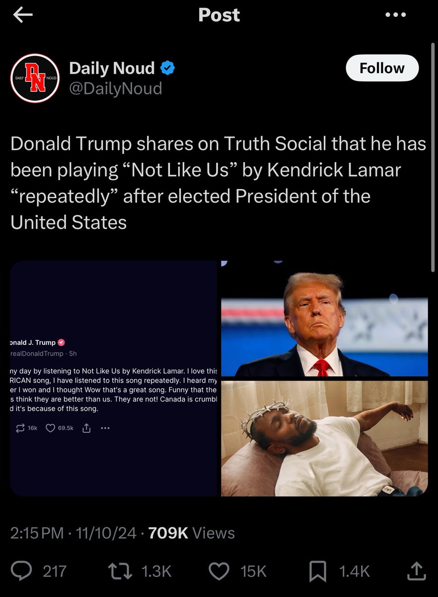 ForYaContext's tweet photo. Daily Loud just got Centel’d. They reposted a fake article about Trump liking Not Like Us from a parody page called Daily Noud 😂 https://t.co/tJED2EGZdi