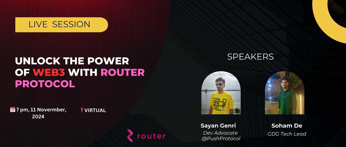 Introduction to Web3 &amp; Blockchain + Cross-Chain Innovation with <a href="/routerprotocol/">Router Protocol</a>

📅 Date: 11th November  
⏰ Time: 7:00 PM - 8:00 PM (IST)  

🌐 RSVP Link : gdg.community.dev/events/details…

Join us 🗣️