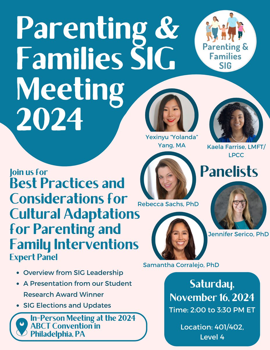 ABCTPFSIG's tweet photo. Join us this Saturday for our SIG meeting at the 2024 convention! We are hosting a panel on cultural adaptations for parenting and family interventions! We hope to see you there! @ABCTNOW https://t.co/gp4sYmtfKx