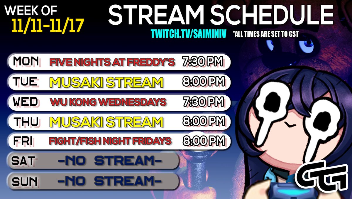 SaiminIV's tweet photo. TwT FNAF on Monday…. Please protecc me…
This week’s Schedule. https://t.co/2JhSFCpBJ5