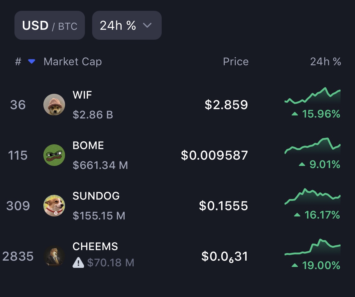 0xFei's tweet photo. 记录一下
这些都是我在持有的memecoin，全仓迷因币和少量的u
3狗1蛙的配置。
$WIF $BOME $SUNDOG #CHEEMS https://t.co/cmkVjCwpkS