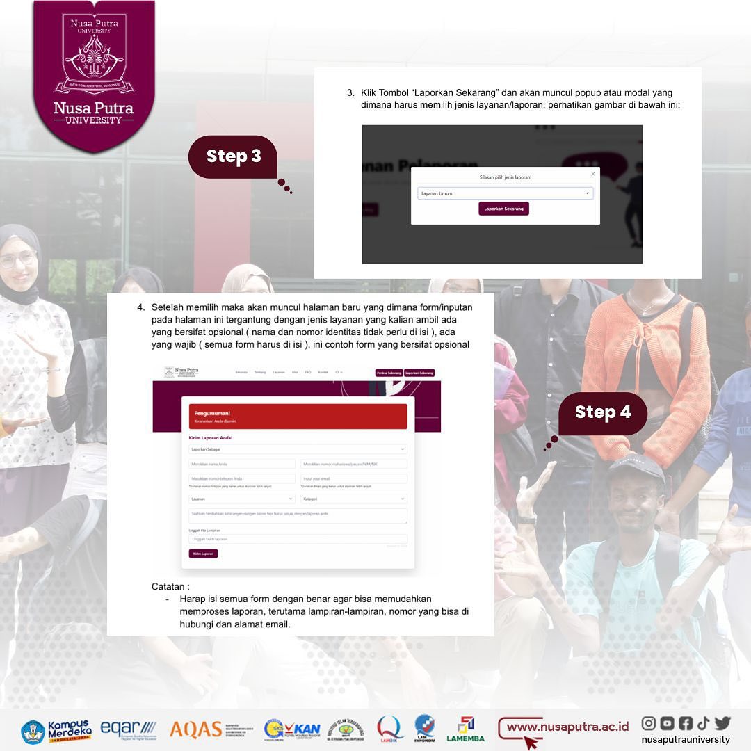 NUSAPUTRA_UNIV's tweet photo. Untuk menjaga lingkungan Kampus yang aman..  Kalian bisa laporkan melalui website
https://t.co/y1WkOADm56

Berikut tata caranya: https://t.co/0w4XPeSfdN