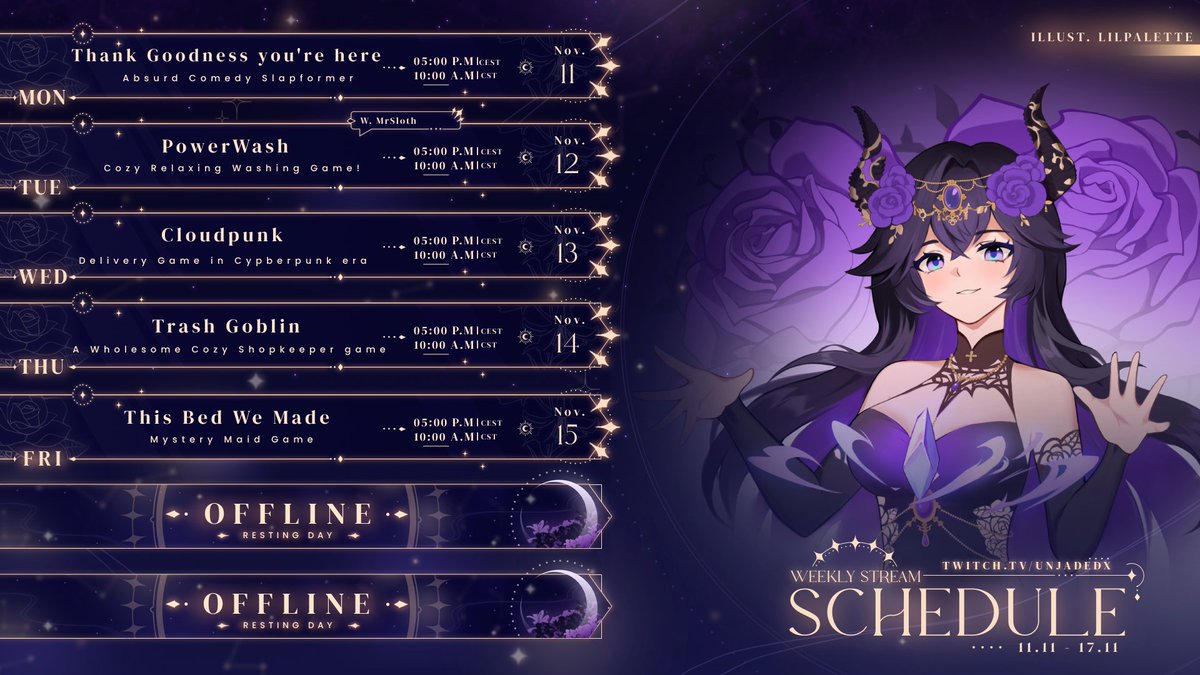 𓆩♡𓆪 𝙎𝙏𝙍𝙀𝘼𝙈 𝙎𝘾𝙃𝙀𝘿𝙐𝙇𝙀 𓆩♡𓆪    
. ݁₊ ⊹ 04/11 - 10/11  

The weekend ended wayy too fast- ANYWAYS, plenty of different games this week! It's gonna be loads of fun ^^

‧ ₊˚ #VtuberUprising ‧ ˚₊ #Vtuber ˚₊ ‧