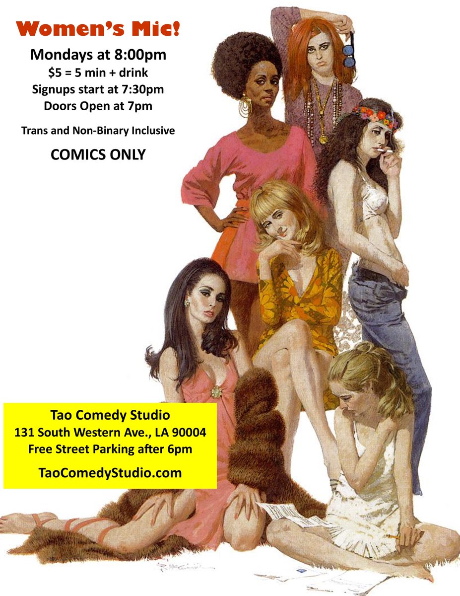 Tao Comedy Studio (@taocomedystudio) on Twitter photo LA’s Longest Running Women’s Mic!
Laugh Riot Grrrl Mic! Mondays @ 8pm! $5 = 5 min + drink Signups start @ 7:30. *COMICS ONLY* NO AUDIENCE * Host <a href="/thebobbieoliver/">🪷Bobbie Oliver AmazonPrimeGreatestHits</a>
Comes with a FREE DRINK plus a PUNCHCARD to get free mics
Free and easy street parking after 6pm. LA’s Longest Running Women’s Mic!
Laugh Riot Grrrl Mic! Mondays @ 8pm! $5 = 5 min + drink Signups start @ 7:30. *COMICS ONLY* NO AUDIENCE * Host <a href="/thebobbieoliver/">🪷Bobbie Oliver AmazonPrimeGreatestHits</a>
Comes with a FREE DRINK plus a PUNCHCARD to get free mics
Free and easy street parking after 6pm.