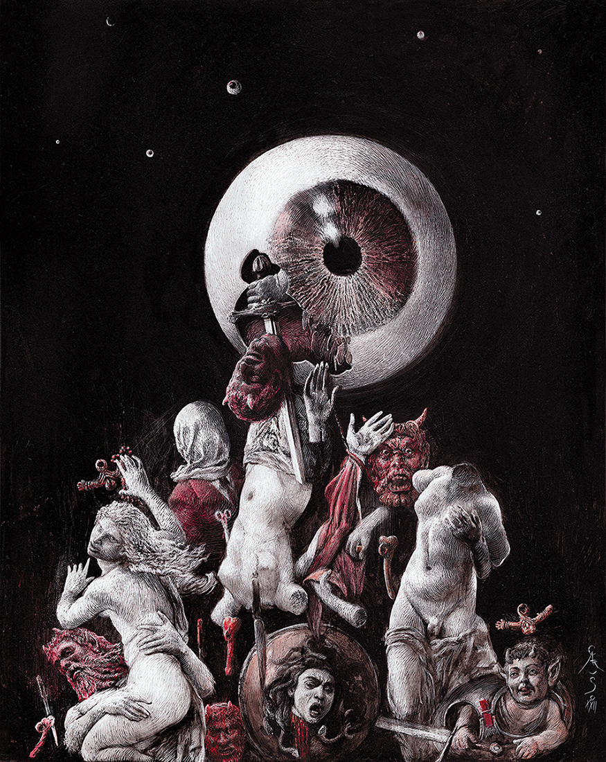 ECLOSION OF VIOLENCE
Ink &amp; scratch on plastic, red acrylics | 38 x 29 cm | 2022 Cover for #DarioArgento´s book of tales published by Letrasudaca