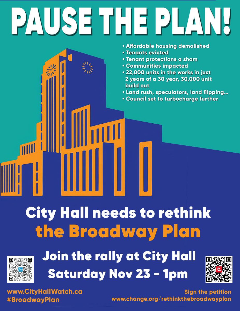Mark your calendars! Pause The Plan! Broadway Plan Rally at Vancouver City Hall – 1 pm, Sat, Nov 23. Spread the word! #vanpoli #BroadwayPlan  cityhallwatch.wordpress.com/2024/11/10/pau…