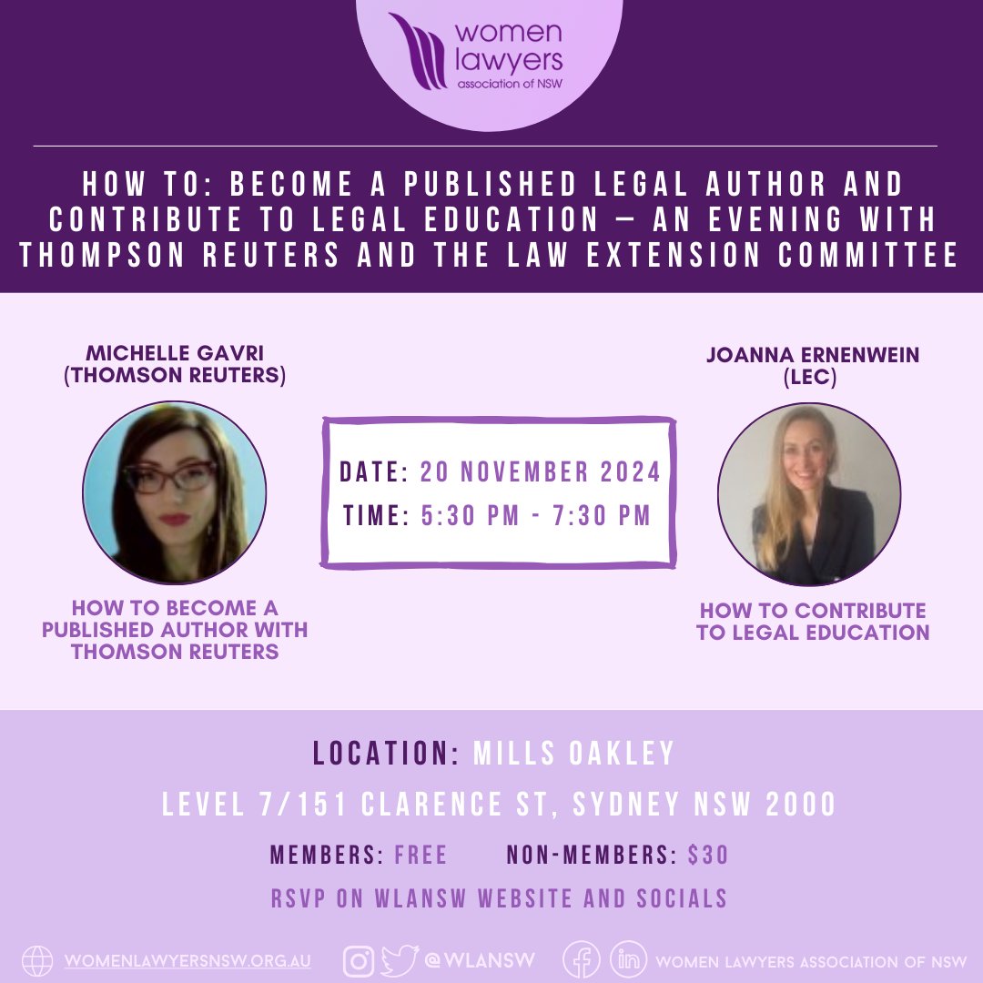 Come and learn about how to get involved in the legal publishing and academic world. We have two speakers joining us for this event who are looking for talented women lawyers. RSVP via our website
 
#womenacademics #law #education #womenauthors