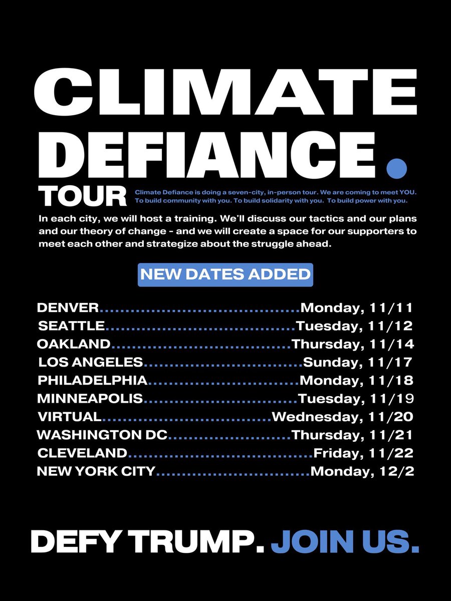 ClimateDefiance's tweet image. Republicans are at war with life on earth. Democrats have “fought back” by marrying the heartland appeal of a HR department with the moralizing of Lisa Simpson. No one has stepped up to save us - so we will save ourselves. We’re kicking off a tour! New dates added. Join us!