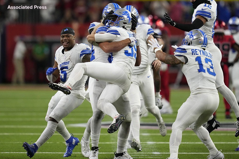 Jake Bates was selling bricks in the Houston area a couple of years ago. Now, he's getting mobbed by his Lions teammates after kicking a 52-yard game-winning field goal in Houston. It's his second game-winning field goal this season.