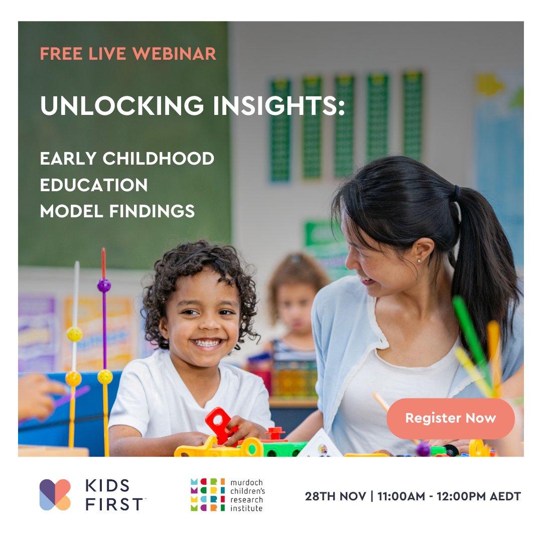 In 2021, @MCRI_AUS evaluated @KidsFirst_AU's new ECEC model. Now we’re sharing the findings! Join us for a free webinar on Nov 28, 11-12pm AEDT, to learn how this trauma-informed model could benefit children across Australia. ow.ly/QR2U50U42QU
