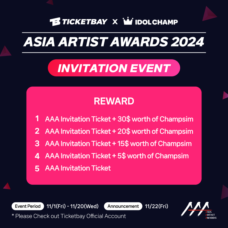 ticketbay_'s tweet photo. [Ticketbay X IDOL CHAMP]

#AAA2024 Current rankings 11/11 11AM (KST)! 🌟

Only 10 days left to vote for your stars who lit up 2024! 🔥 
Don’t miss Ticketbay’s special deals and AAA invitation event!

Vote now! 💫
https://t.co/kS1K2gLQug

#AAA2024 11/11 11時(KST)現在順位！🌟

2024年を輝かせた人気スター⭐投票終了まであと10日！⏳
「Ticketbay」限定特別割引とAAA招待券イベントまでゲット！🎫✨

今すぐ投票しよう！💖
https://t.co/kS1K2gLQug

#AAA2024 11月11日11时(韩国时间)最新排名！🌟

为2024年闪耀的人气明星⭐投票还剩10天！⏳
别错过"Ticketbay"限定特惠和AAA邀请函活动！🎫✨

立即投票吧！💖
https://t.co/kS1K2gLQug

(태국어)
#AAA2024 11/11 ประกาศอันดับล่าสุด เวลา 11:00 (KST)!
เหลือเวลาอีก 10 วันในการโหวตให้กับซุปตาร์สุดฮอต⭐ที่ทำให้ปี 2024 เจิดจรัส! ⏳

อย่าพลาดส่วนลดพิเศษจาก Ticketbay และการแข่งขันชิงบัตรเชิญ AAA! 🎫✨

โหวตตอนนี้!💖
https://t.co/kS1K2gLQug

#2024AAA #AAA #Ticketbay #idolchamp #Niziu #ITZY  #DREAMCACTHER **#LimYoungWong #BTS #NEWJEANS #Starykidz #bambam** #KimHyeYoon #kimjiwon #JungSoMin #LimYoonA #ByeonWooSeok #Kimsoohyun #KimSeonHo #LEEJUNHO