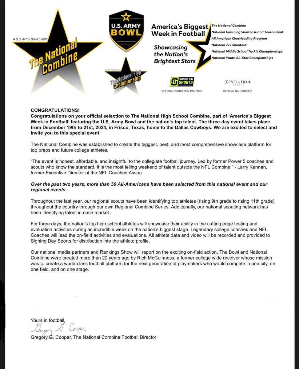 Thankful to receive an official invitation letter to #TheNationalCombine taking place at the <a href="/USArmyBowl/">Military Appreciation Bowl Week</a> this December <a href="/DellsStrength/">DELLS S&C</a> <a href="/RockPerkins52/">Bill Perkins</a> <a href="/PrepRedzoneWI/">Prep Redzone Wisconsin</a>