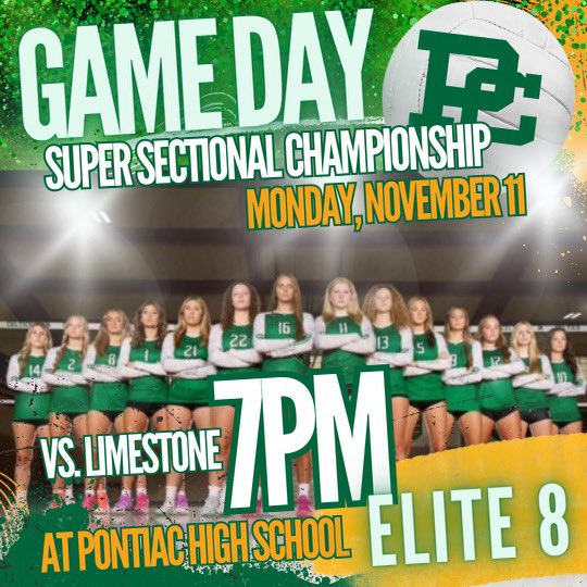Super Sectional Championship for a trip downstate!

📆Monday, November 11
🏐vs. Limestone 
⏰7:00pm 
📍@ Pontiac HS

Be there! Cheer Loud!

#PCVolleyball #TheCelticStandard #AreYouReady