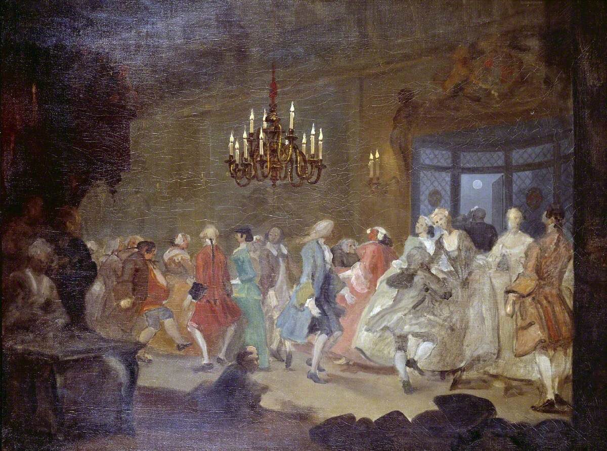PP_Rubens's tweet photo. Moon shining outside, while inside candles illuminate a dance party. Hope you're having this much fun tonight! Great oil sketch from 1745 by William Hogarth, whose day has been today. https://t.co/8BCBLOtWHr