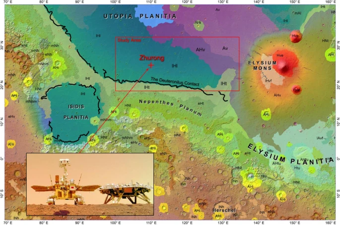 ChinaScience's tweet photo. New water evidence on #Mars: Scientists have found evidence of a nearshore zone in southern Utopia Planitia, suggesting an ocean that may have resulted from a flood-related event on the Red Planet about 3.5 billion years ago, based on data from China's Mars rover Zhurong and orbital remote sensing data.