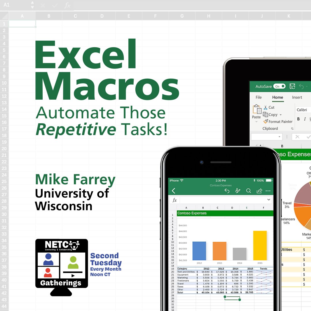 Today's the day! Join us as Mike Farrey shows how to automate some of the tedious aspects of using Microsoft Excel to boost your productivity! Visit netctech.org/register to sign up! #NETCGatherings