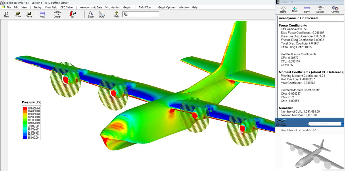 pat_hanley's tweet image. Quick #simulation of Amphibious Lockheed C-130, via #OpenVSP Airshow. Calculations via #Stallion3D. Learn more at hanleyinnovations.com